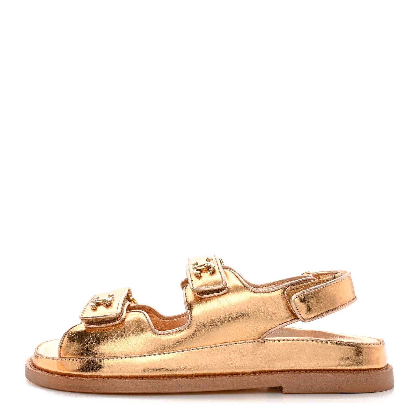 Metallic Laminated Calfskin Velcro Dad Sandals 38 Golden