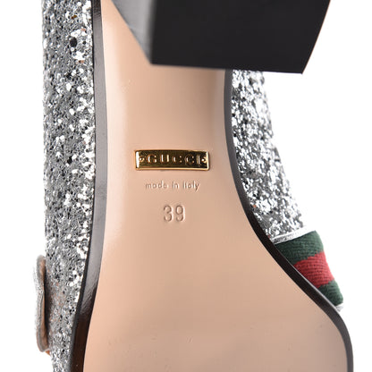 Gucci Glitter Nappa Web Peyton 75mm Loafer Pumps 39 Argento 6 of 10