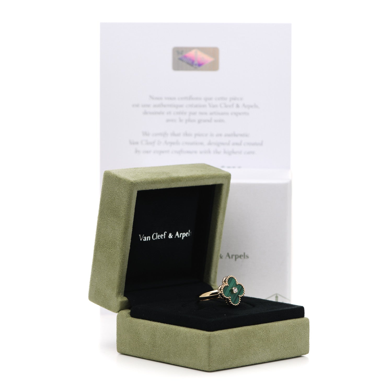 Van Cleef & Arpels 18K Yellow Gold Diamond Malachite Vintage Alhambra Ring 52 6 7 of 7