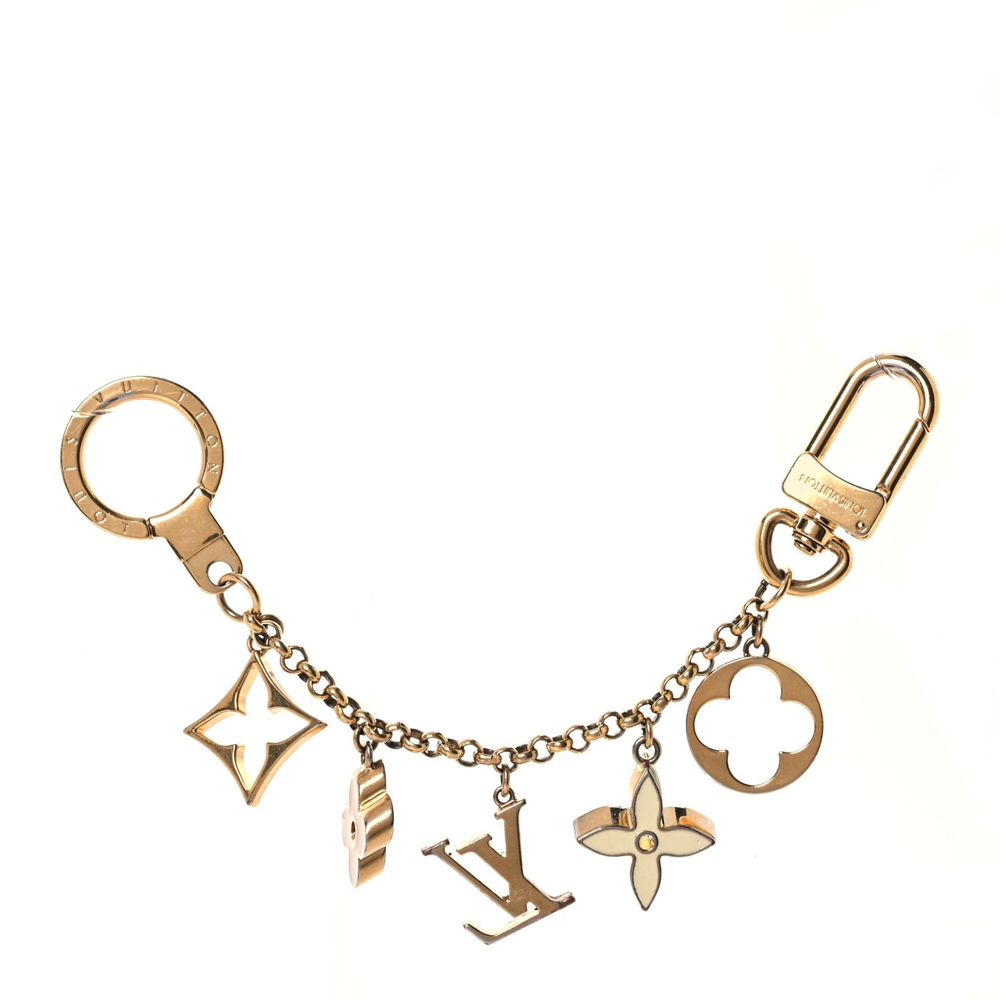 Brass Enamel Fleur De Monogram Bag Charm Chain Gold