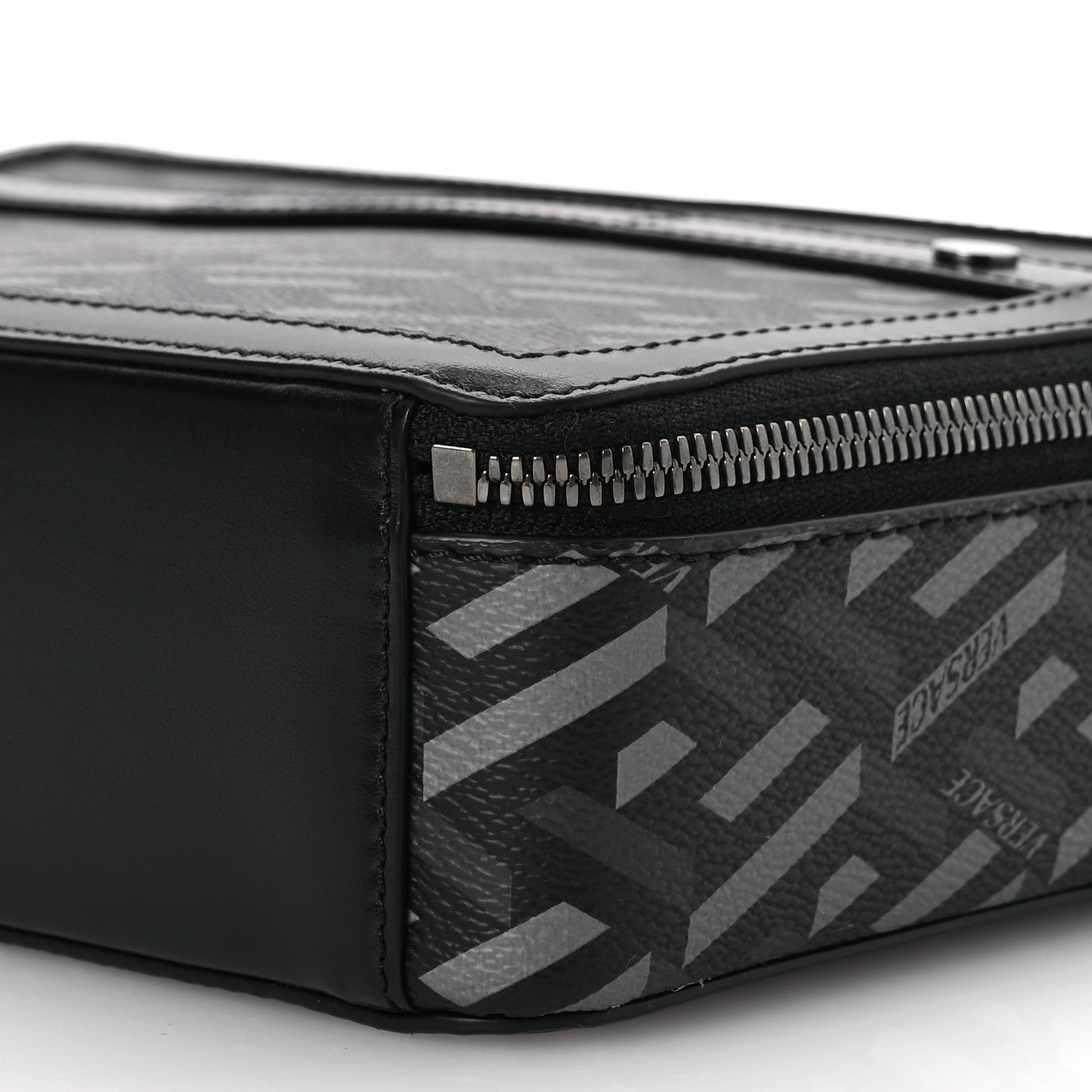 Versace Coated Canvas La Greca Signature Messenger Bag Black Gray