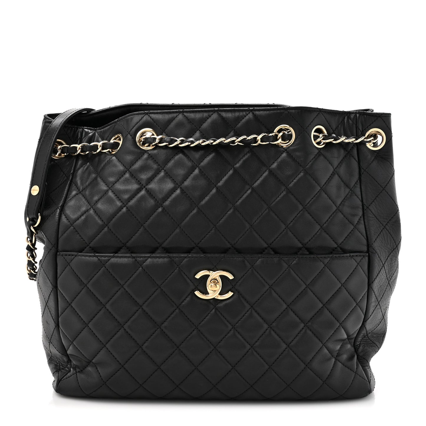 Lambskin Quilted Large Drawstring Bag Black