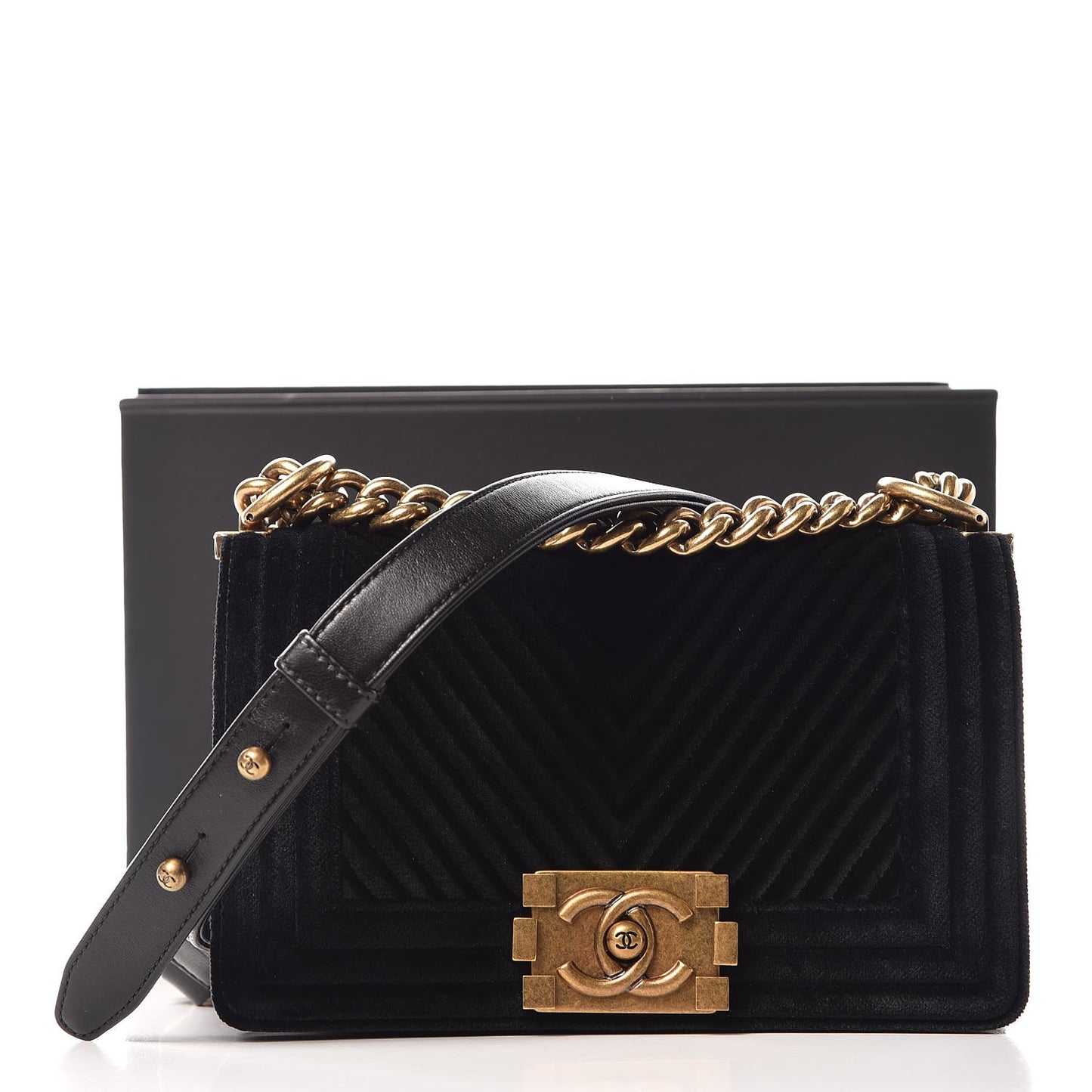 Velvet Chevron Quilted Small Boy Flap Black