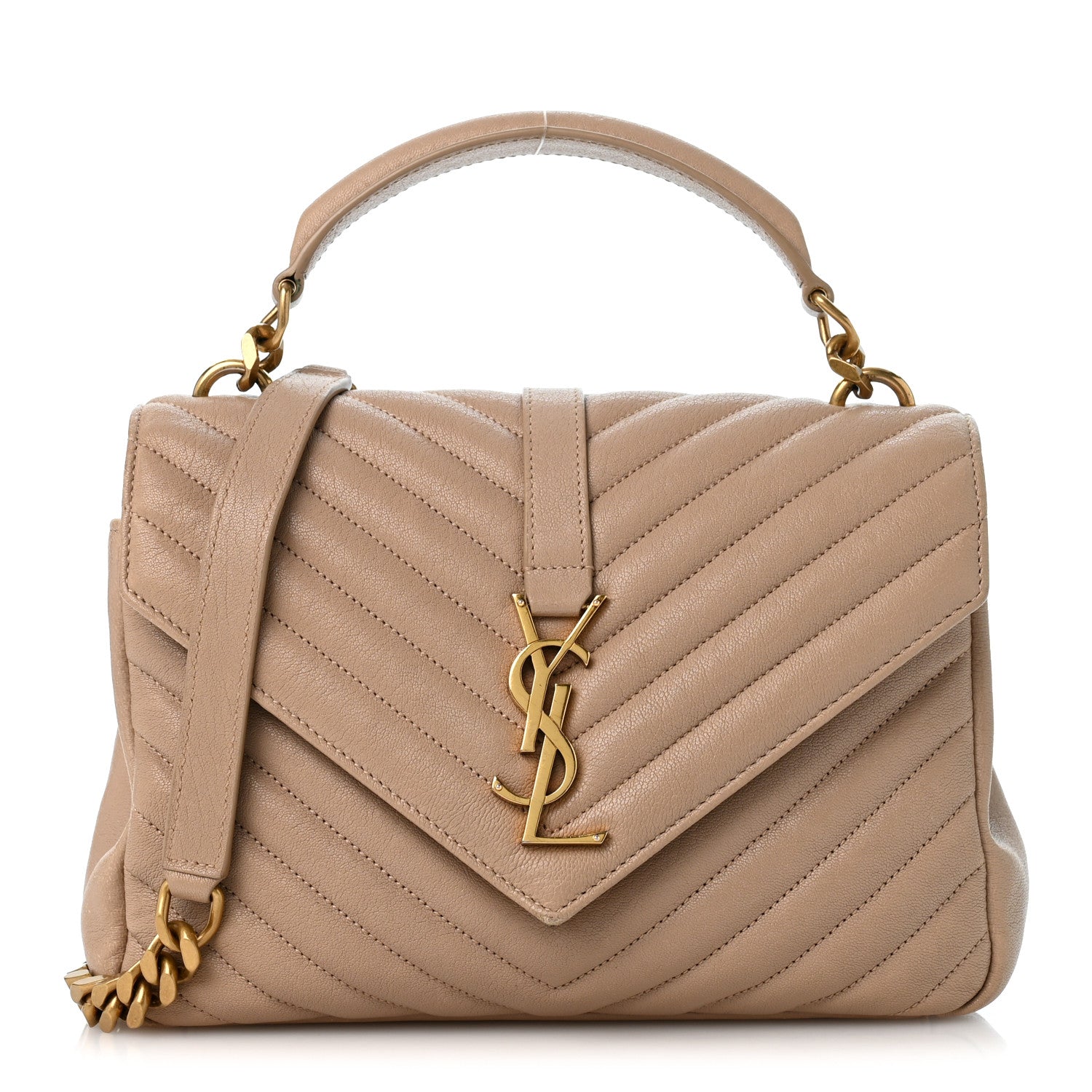 Saint Laurent Sheepskin Matelasse Chevron Monogram Medium College Bag Dark Beige 1 of 13
