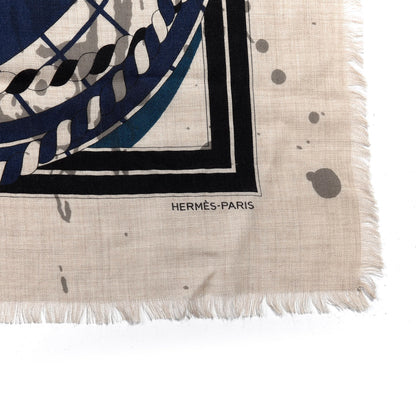 Hermes Cashmere Silk Imprimeur Fou Shawl 140 Naturel Black Bleu De Prusse 4 of 4