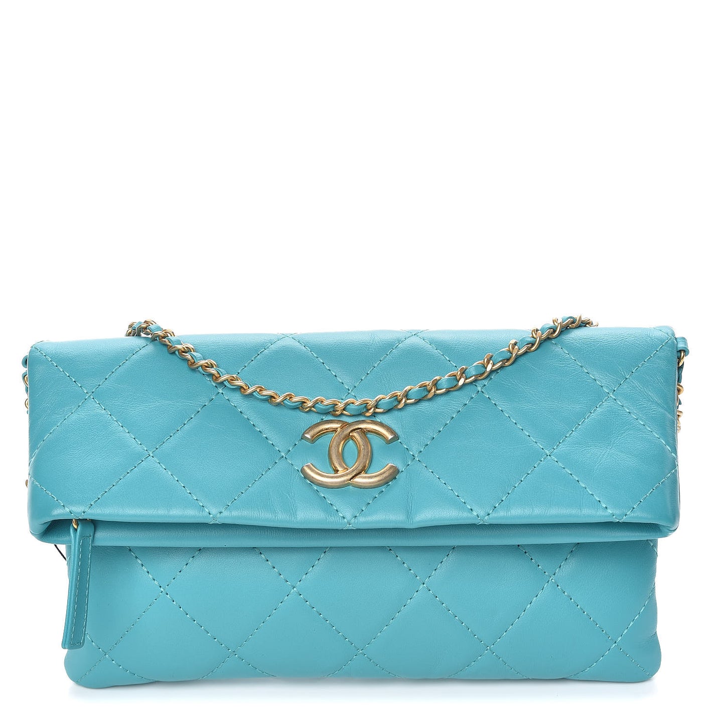 Calfskin Quilted Fold Over Clutch Turquoise