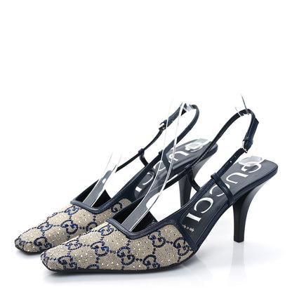 Gucci GG Monogram Malaga Kid Crystal Square G 75mm Slingback Pumps 37.5 Beige Blue 3 of 7