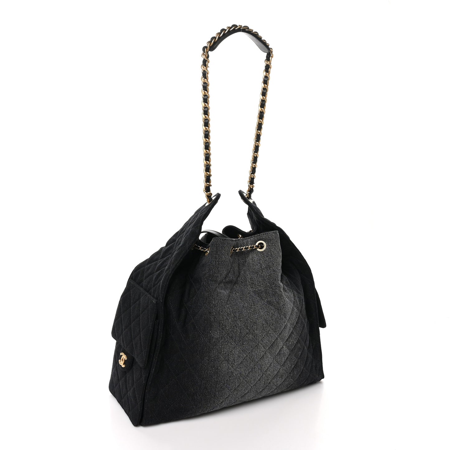 Washed Denim Quilted Large Chanel 25 Handbag Black