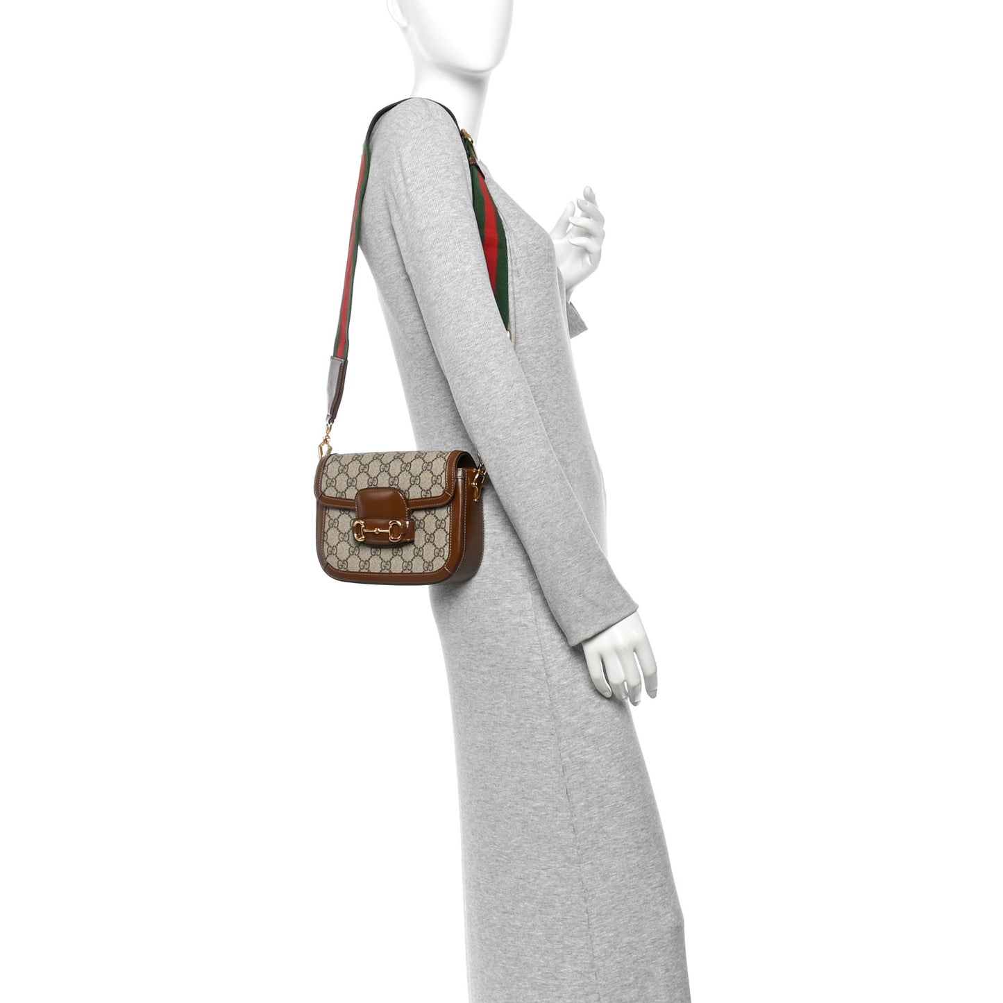 GG Supreme Monogram Web Mini Horsebit 1955 Shoulder Bag Beige Brown Sugar