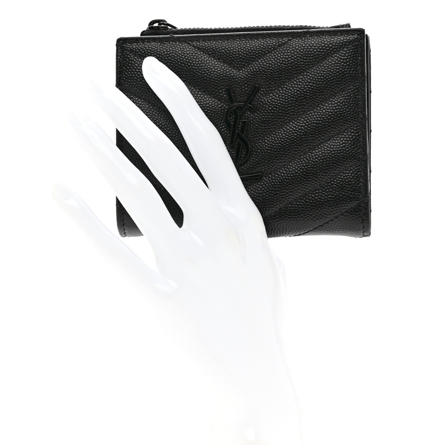 Saint Laurent Grain De Poudre Matelasse Chevron Monogram Zipped Card Case Black 2 of 7
