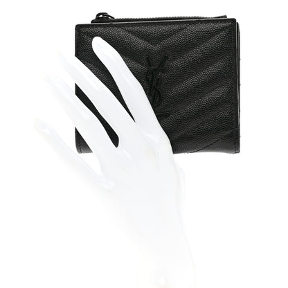 Saint Laurent Grain De Poudre Matelasse Chevron Monogram Zipped Card Case Black 2 of 7