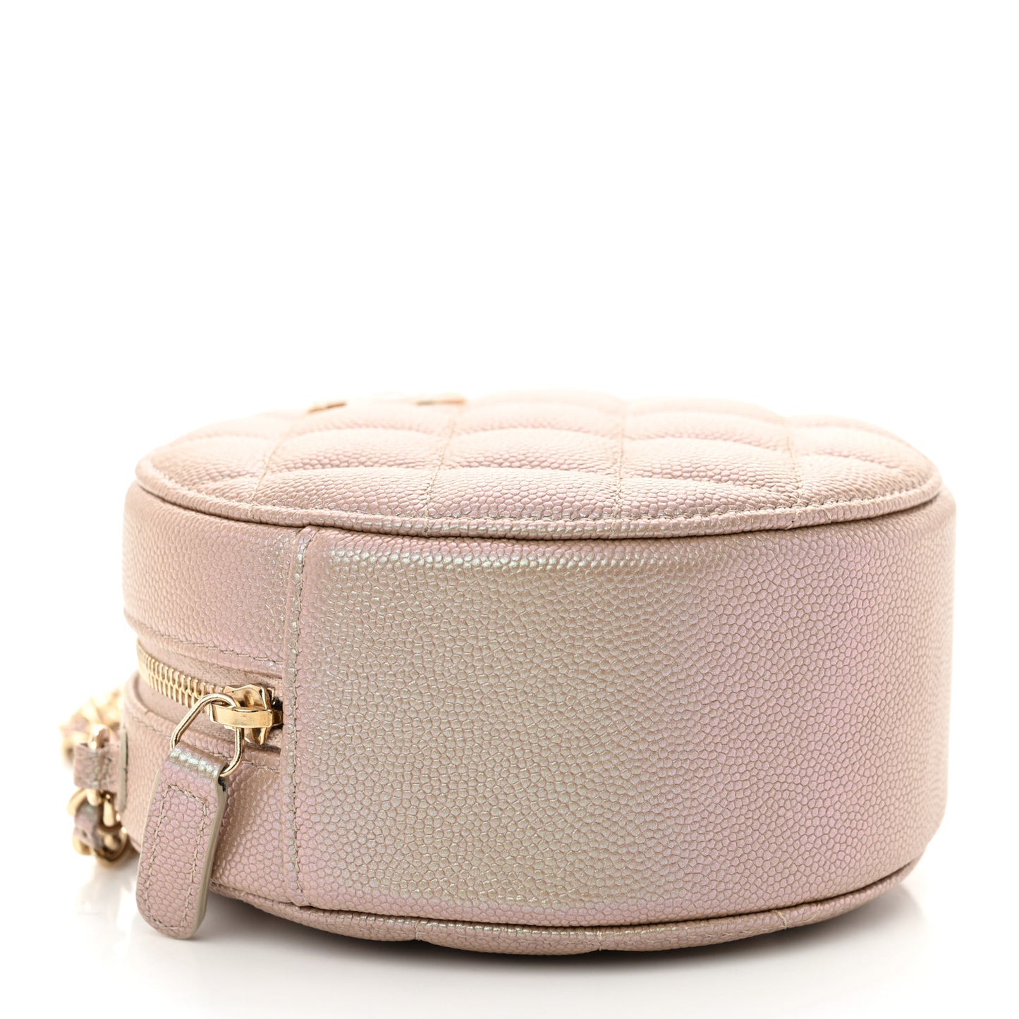Iridescent Caviar Resin Quilted Round Clutch With Chain Beige