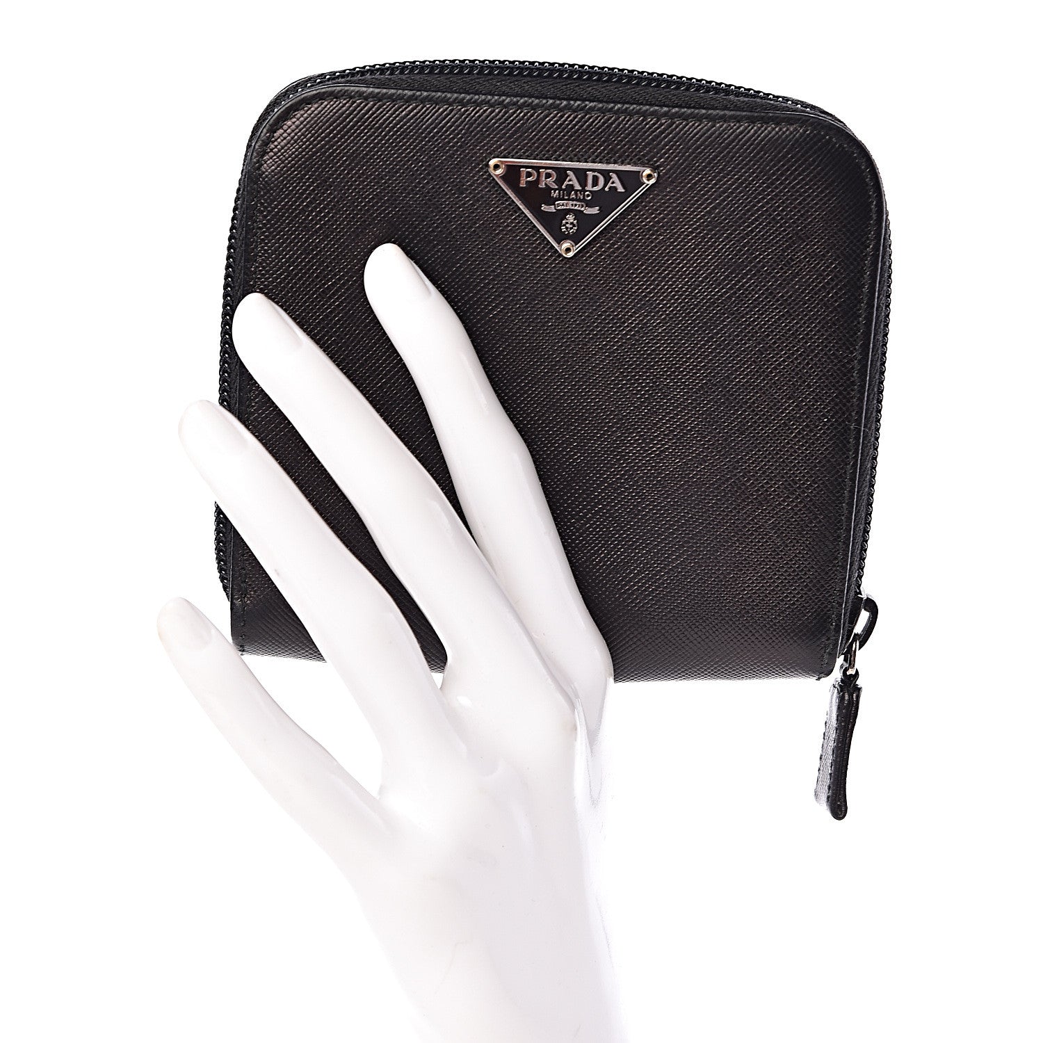 Prada Saffiano Metal Compact Zip Around Wallet Black 2 of 11