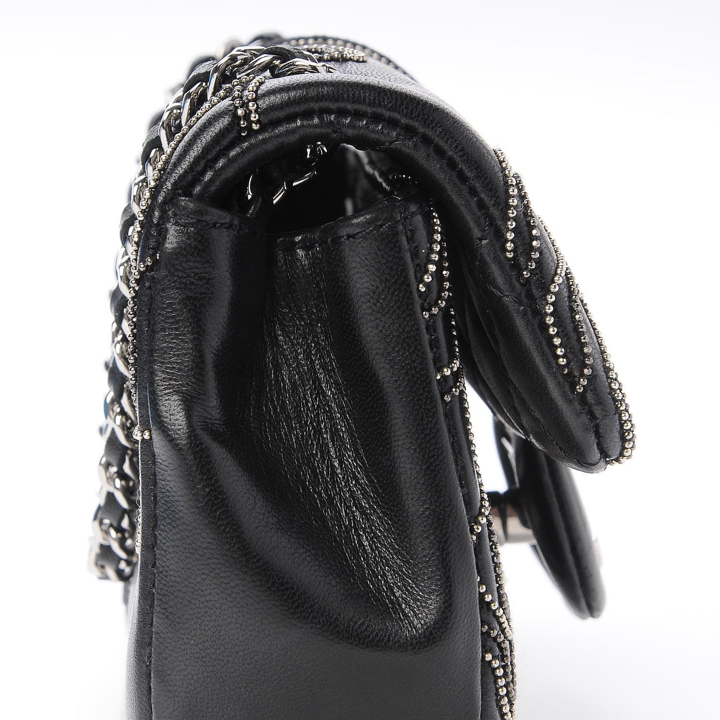 Lambskin Studded Camellia Embroidered Mini Rectangular Flap Black