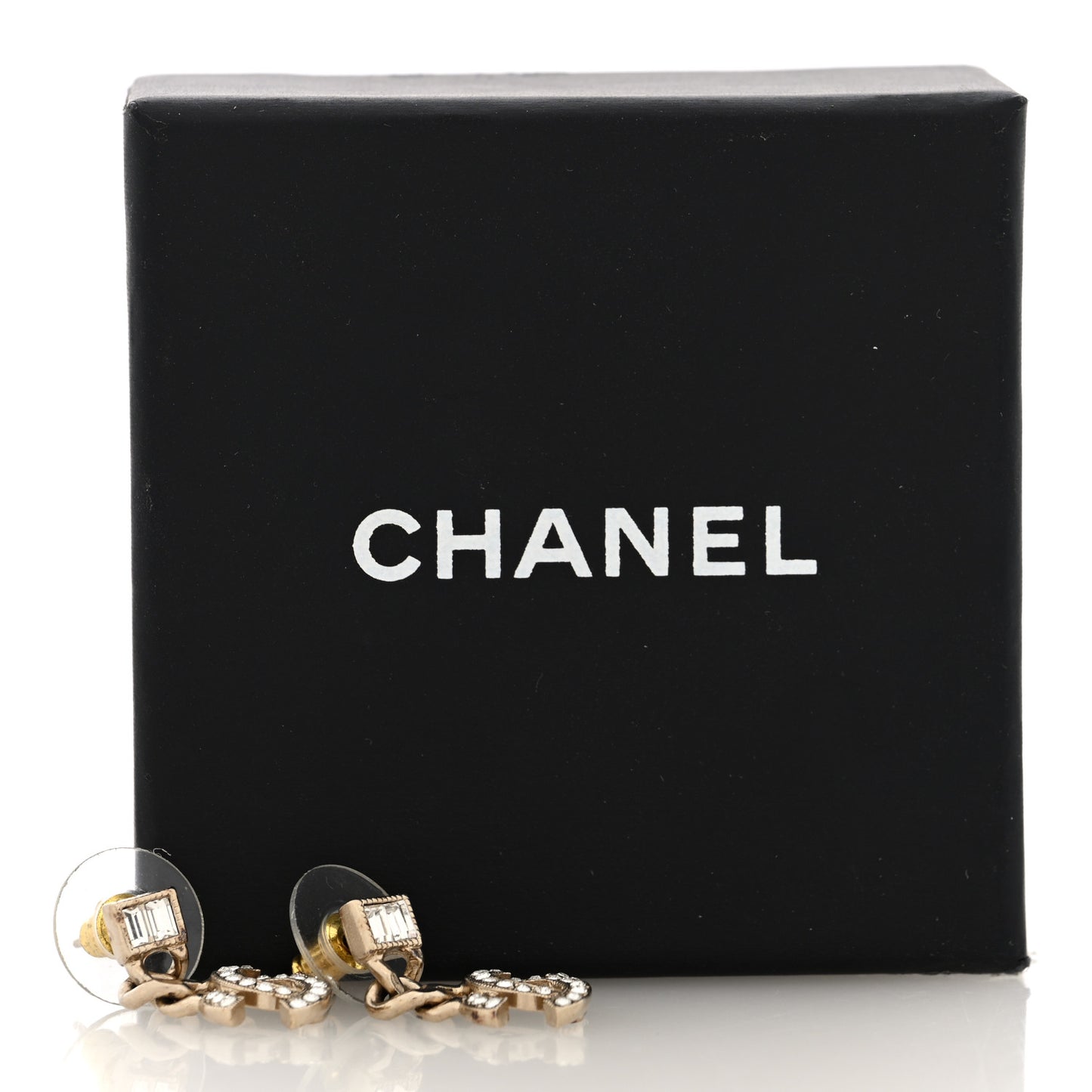 Metal Crystal Baguette CC Chain Drop Earrings Gold