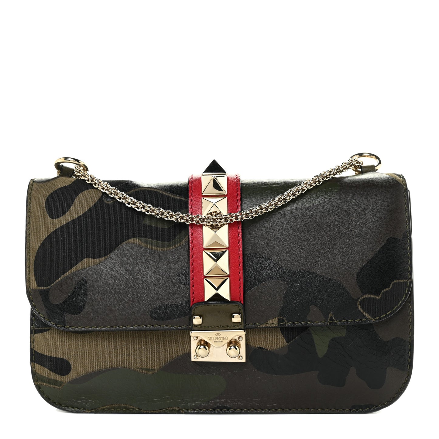 Nappa Canvas Camouflage Medium Glam Lock Rockstud Flap Verde