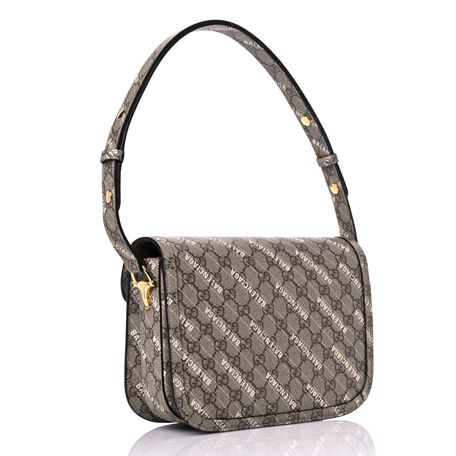 Gucci X BALENCIAGA GG Supreme Monogram Logo Print Horsebit 1955 Shoulder Bag Beige Ebony 3 of 10