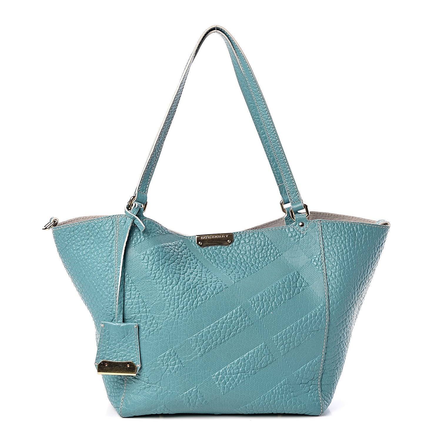 Burberry Signature Grain Calfskin Check Embossed Small Canterbury Tote Aqua Green 3 of 10