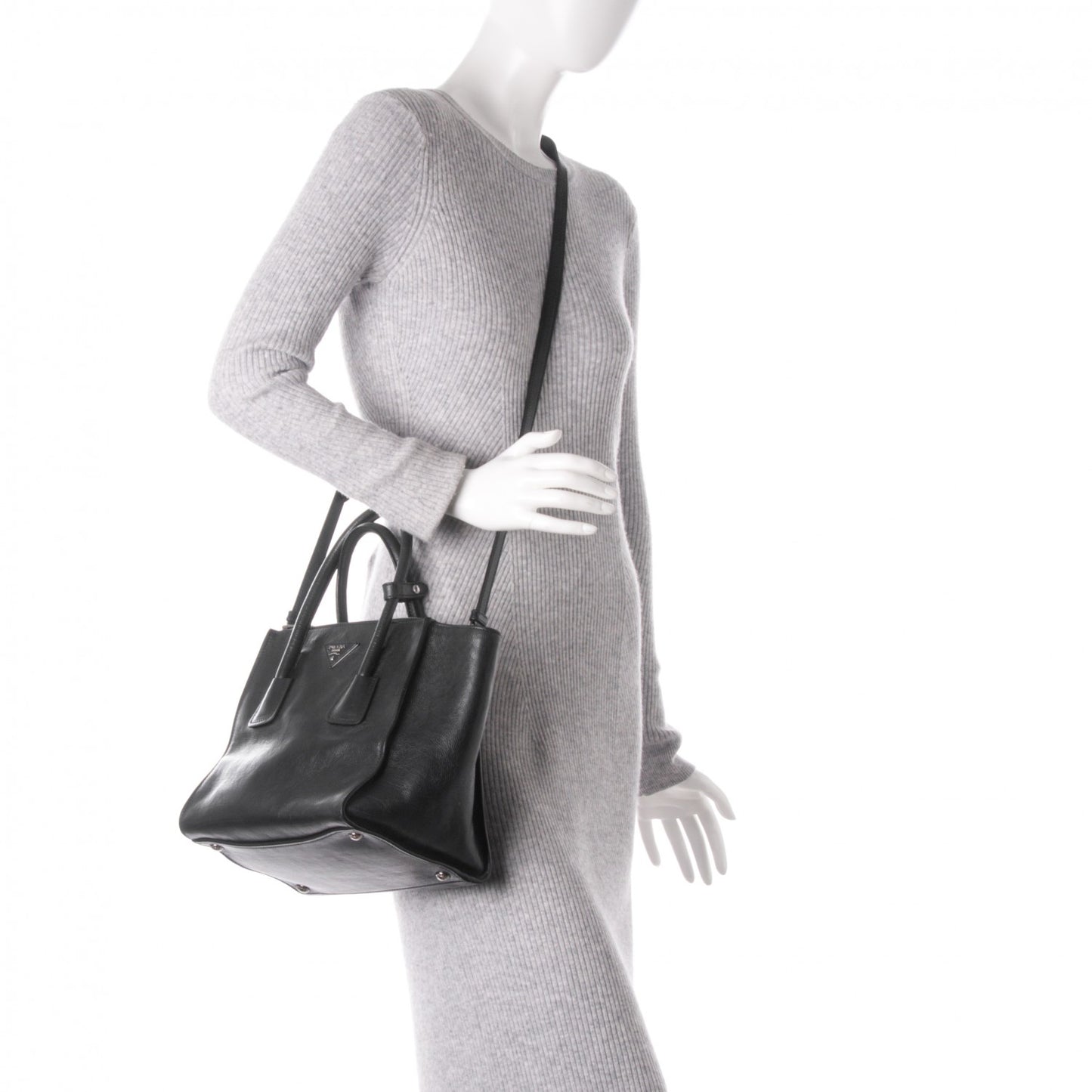 Glace Calf Small Twin Pocket Tote Nero Black