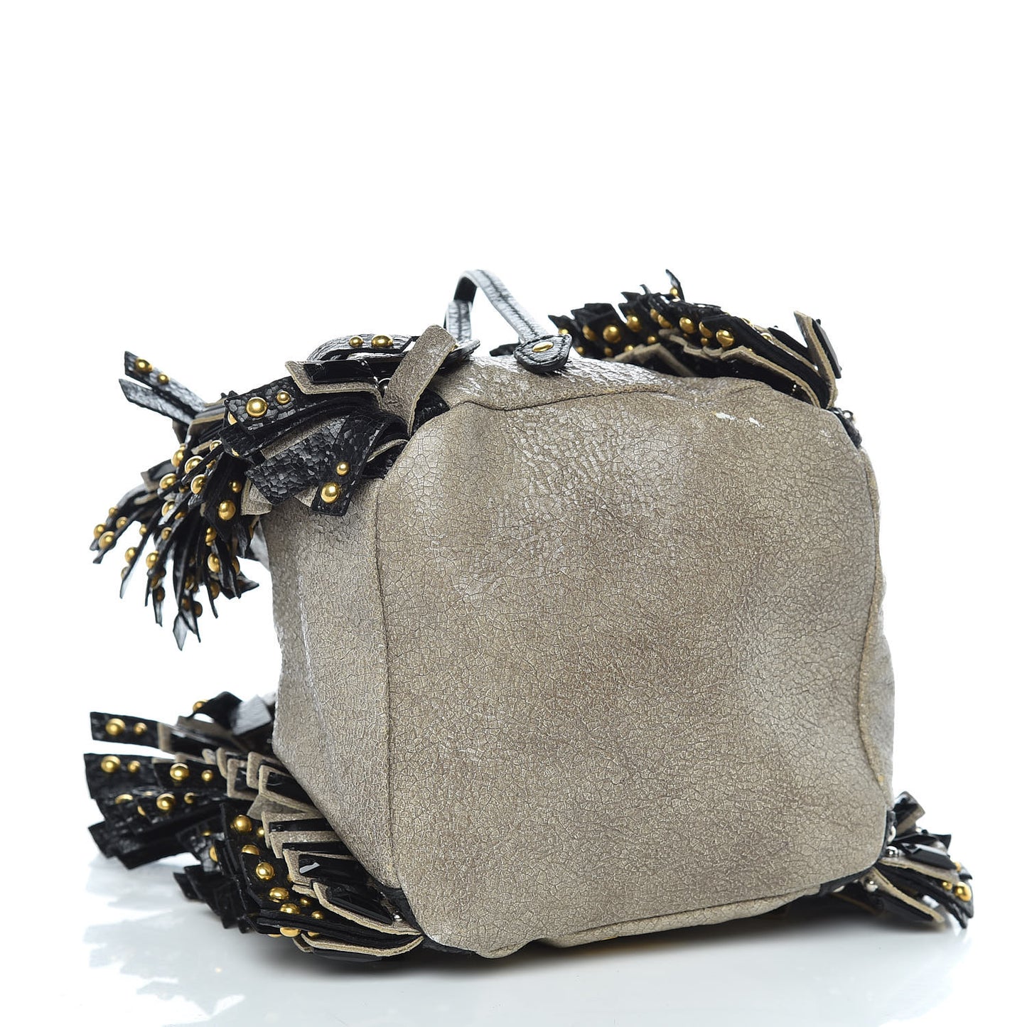 Crackled Calfskin Studded Fringe Wristlet Pouch Talco Black
