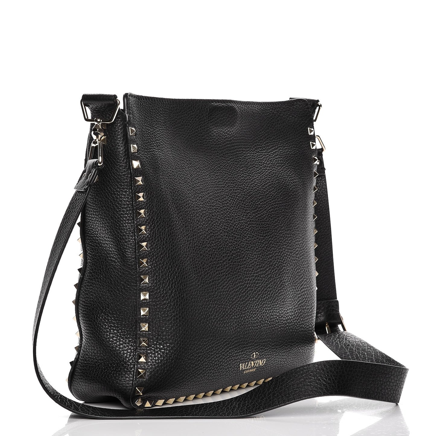 Pebbled Calfskin Large Rockstud Flip-Lock Messenger Bag Black