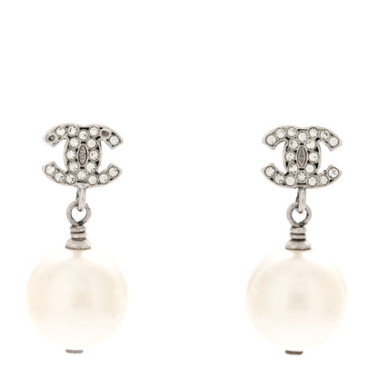 Chanel Crystal Pearl CC Drop Earrings Silver 1 of 5