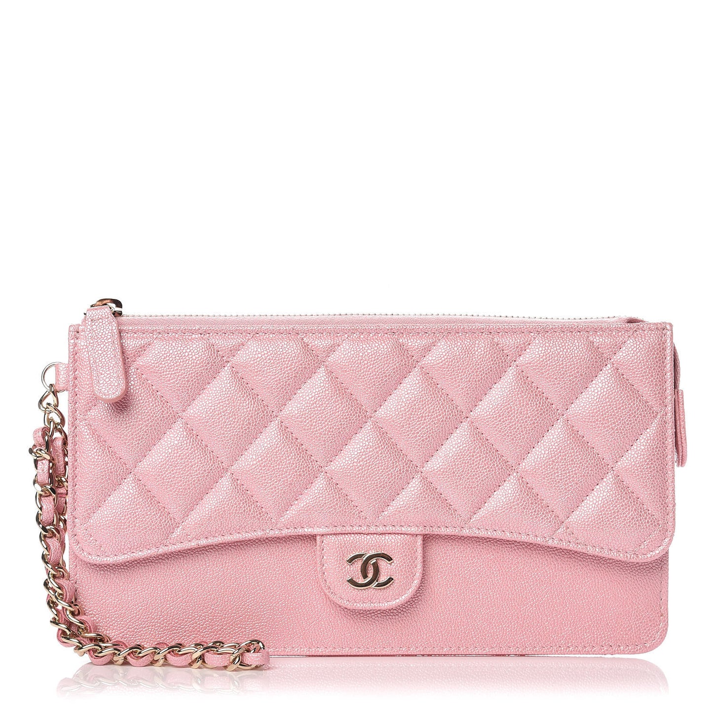 Iridescent Caviar Quilted Classic Pouch With Handle Rose Pink
