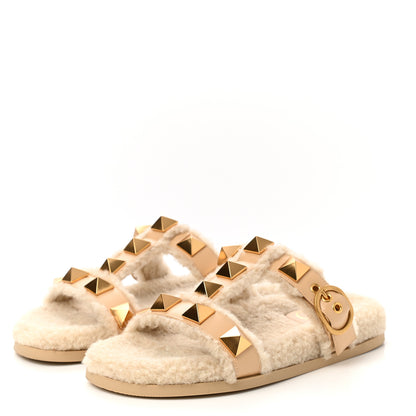Valentino Garavani Shearling Roman Stud Slide Sandals 38 Sahara Beige 3 of 8