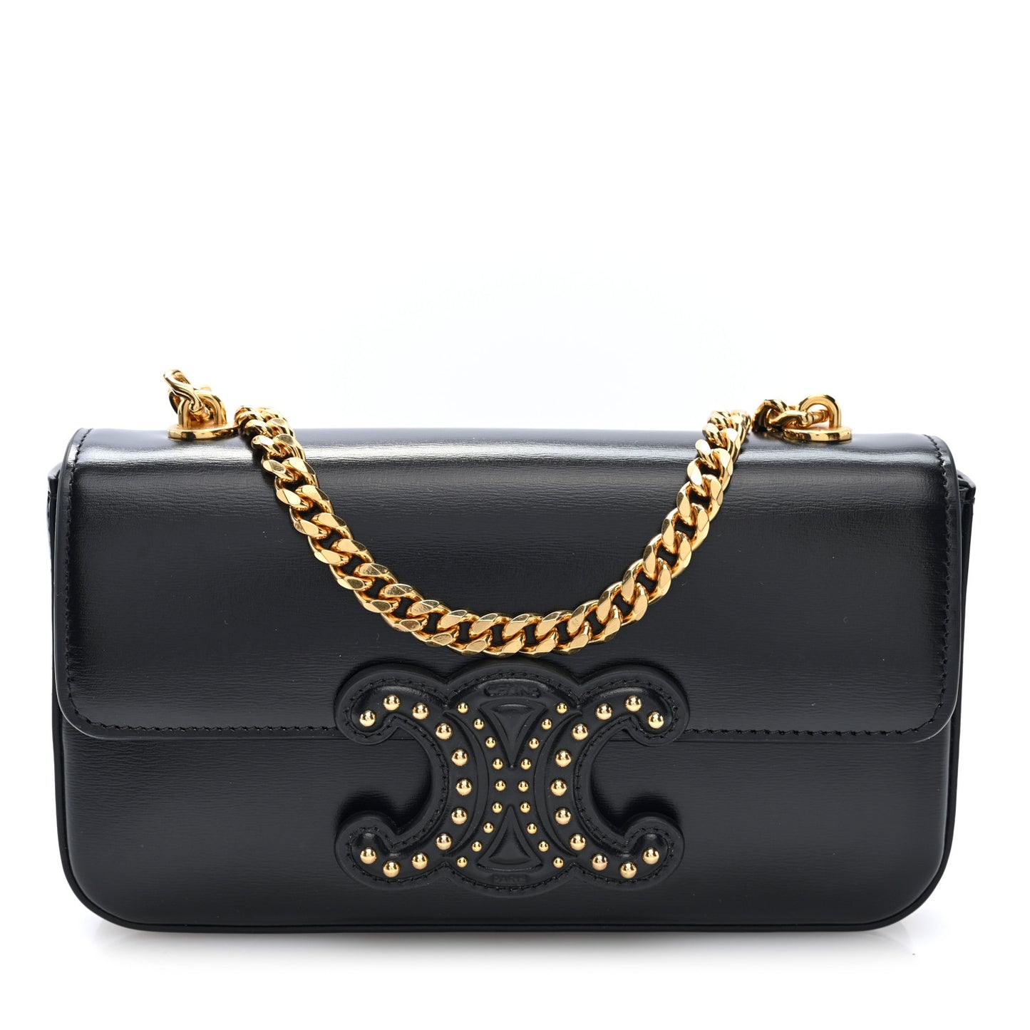 Shiny Calfskin Triomphe Studded Chain Shoulder Bag Black