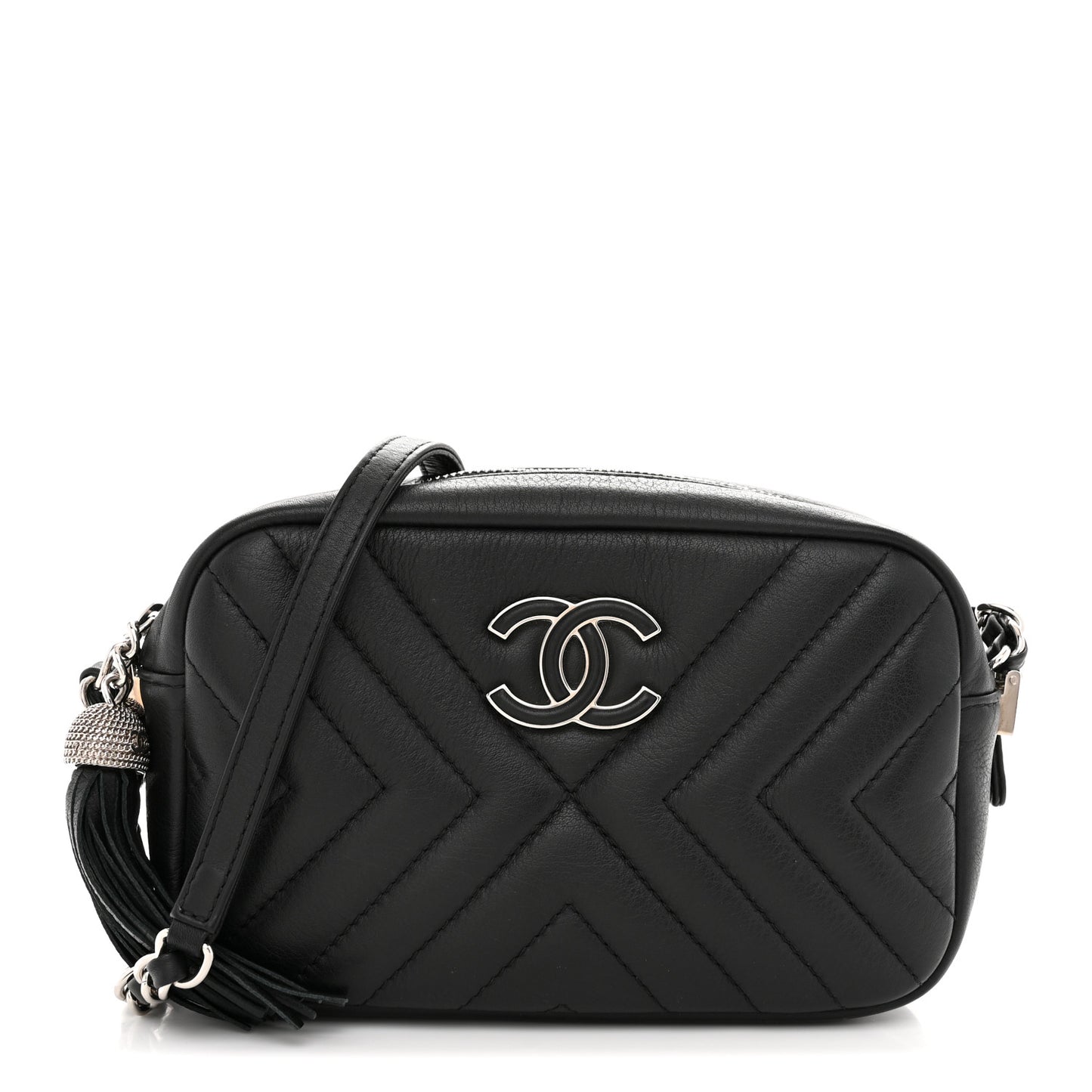 Calfskin Diagonal Chevron Quilted Tassel Camera Case Black