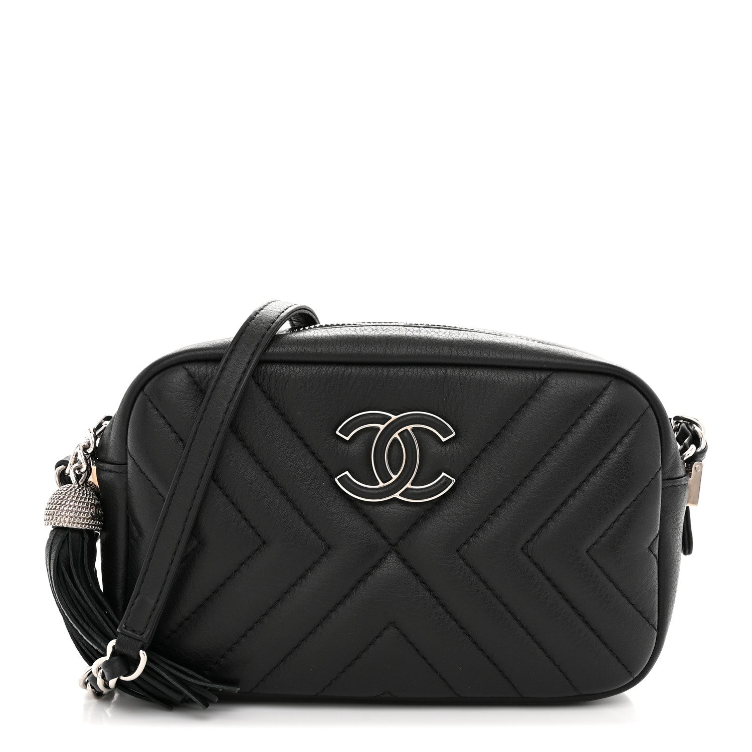 Chanel Calfskin Diagonal Chevron Quilted Tassel Camera Case Black 1 of 10