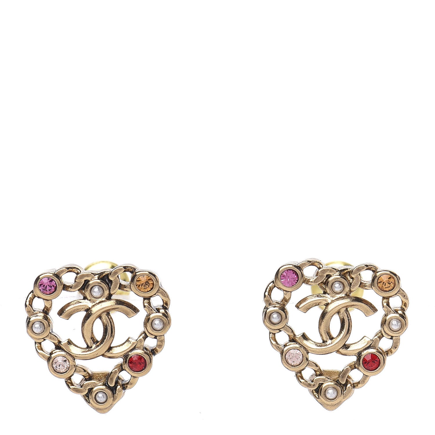 Chanel Pearl Crystal CC Heart Earrings Gold Multicolor 1 of 5