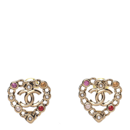 Chanel Pearl Crystal CC Heart Earrings Gold Multicolor 1 of 5