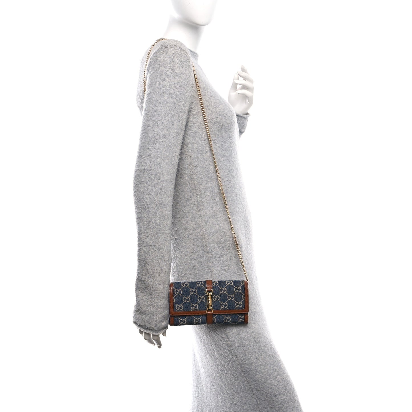 New Denim GG Monogram Jackie 1961 Chain Wallet Blue Tea Cuir