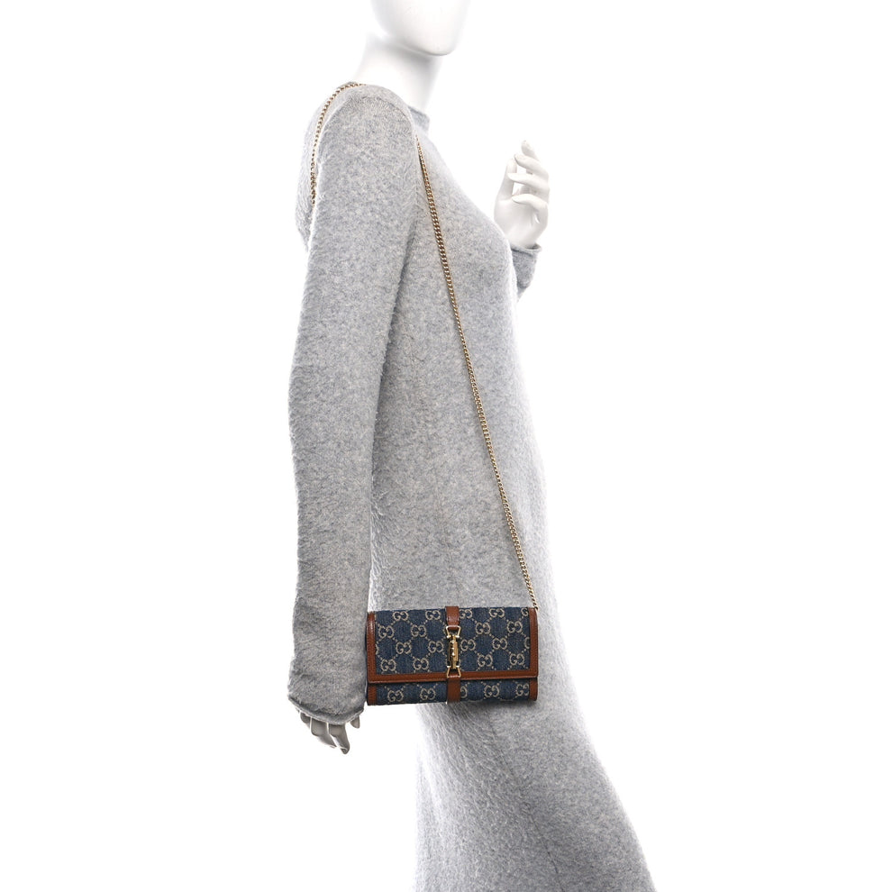 Gucci New Denim GG Monogram Jackie 1961 Chain Wallet Blue Tea Cuir ...