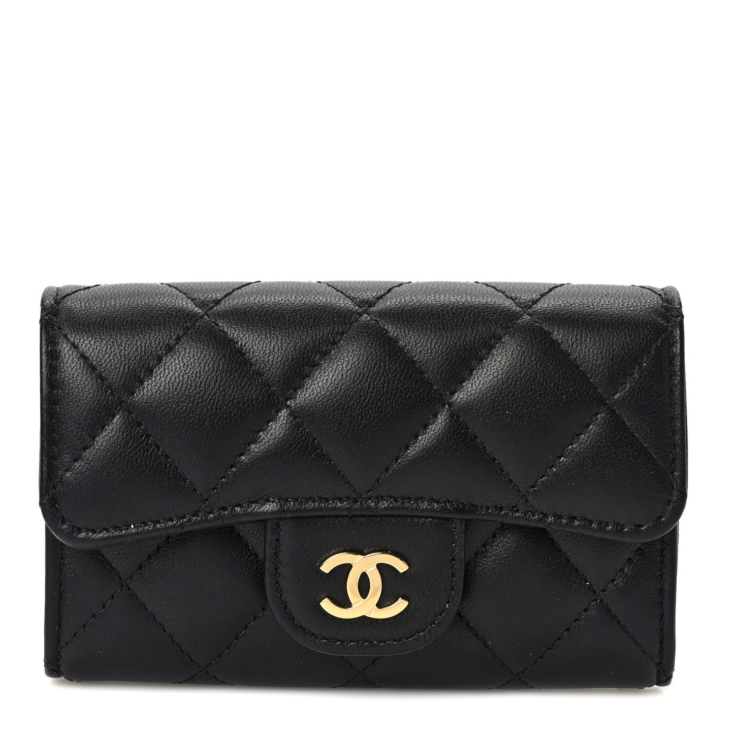 Lambskin Quilted Flap Card Holder Wallet Black