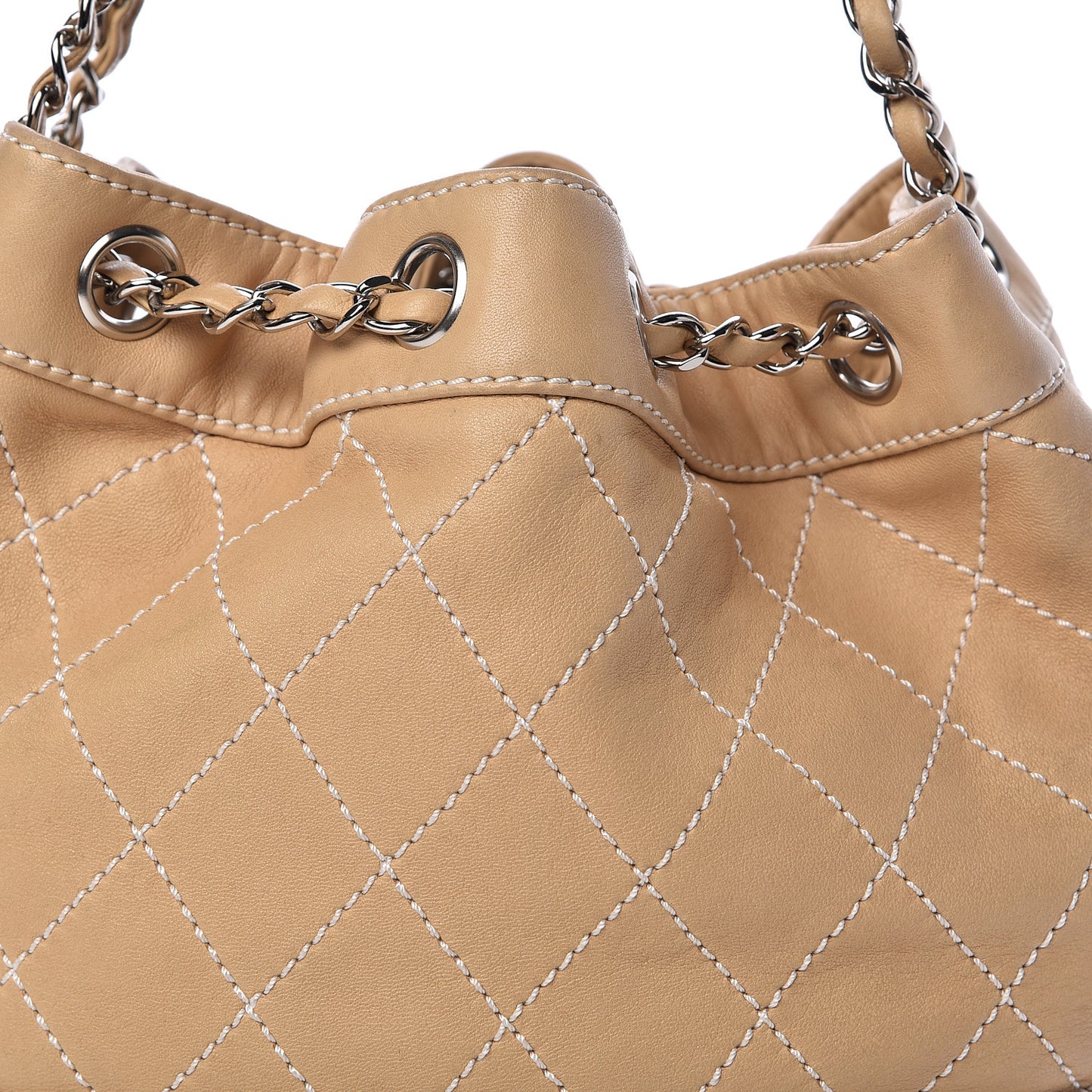 Lambskin Contrast Stitch Small Drawstring Tote Light Beige