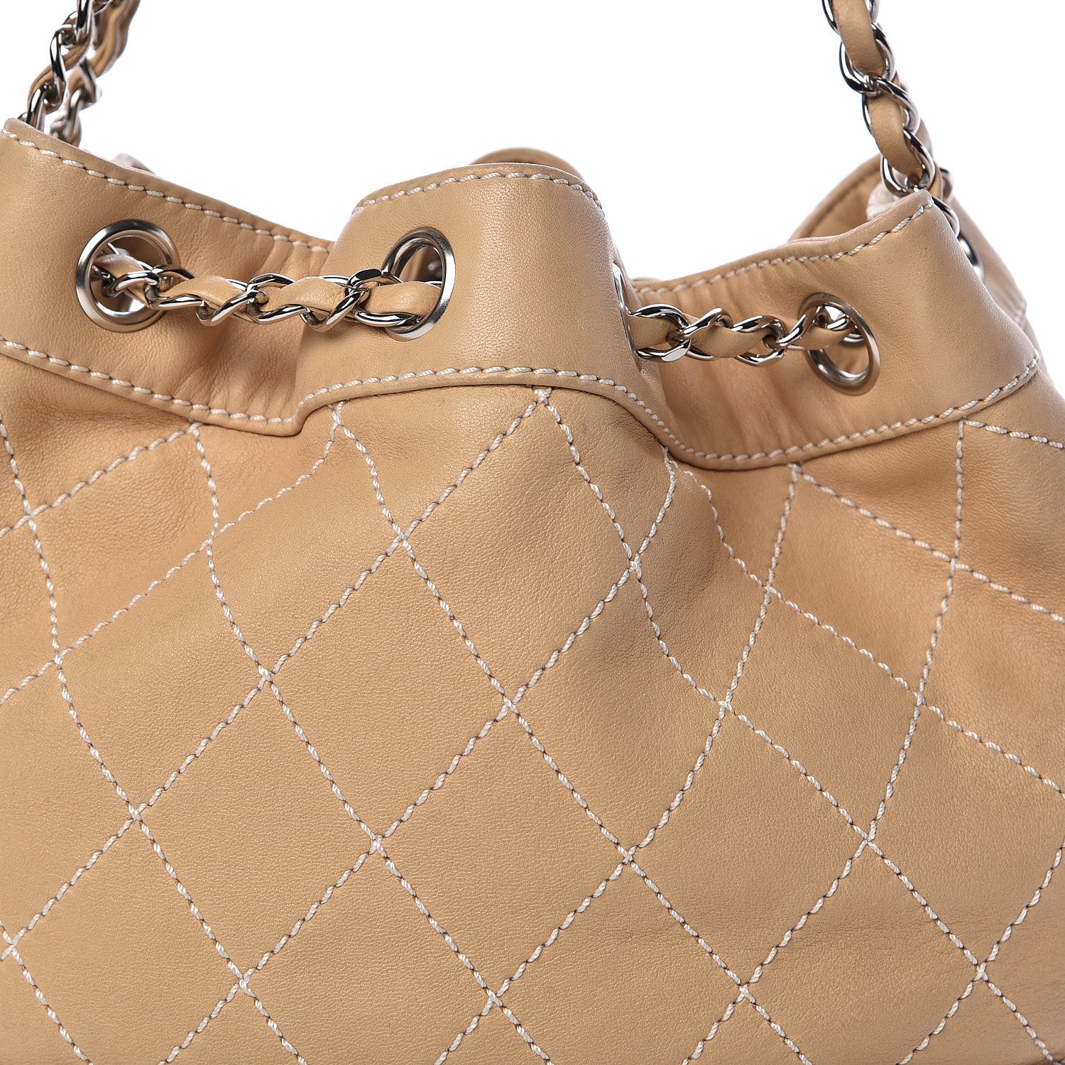 Chanel Lambskin Contrast Stitch Small Drawstring Tote Light Beige 14 of 14