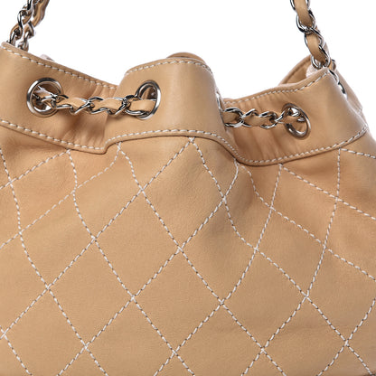 Chanel Lambskin Contrast Stitch Small Drawstring Tote Light Beige 14 of 14