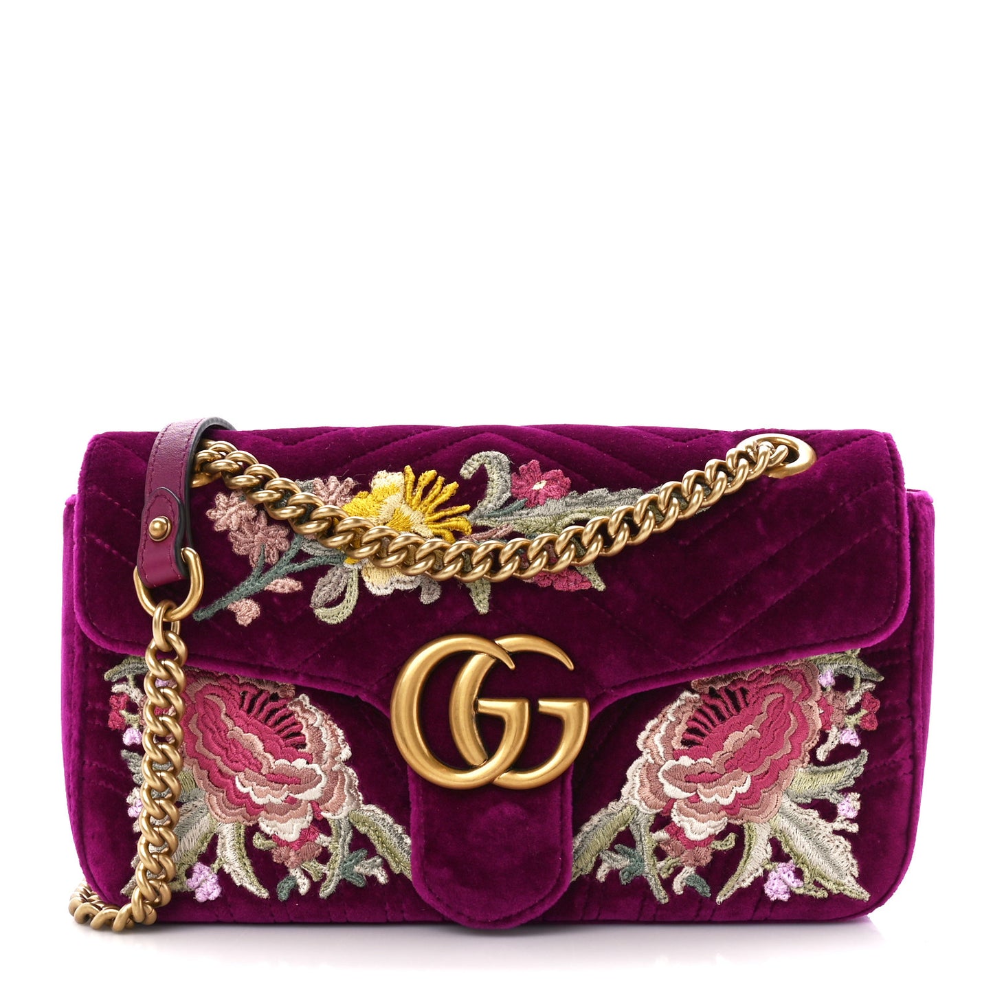 Velvet Matelasse Embroidered Small GG Marmont Shoulder Bag Fuchsia Violet Cyclamen