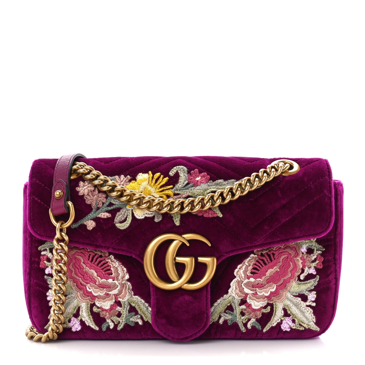 Gucci Velvet Matelasse Embroidered Small GG Marmont Shoulder Bag Fuchsia Violet Cyclamen 1 of 13