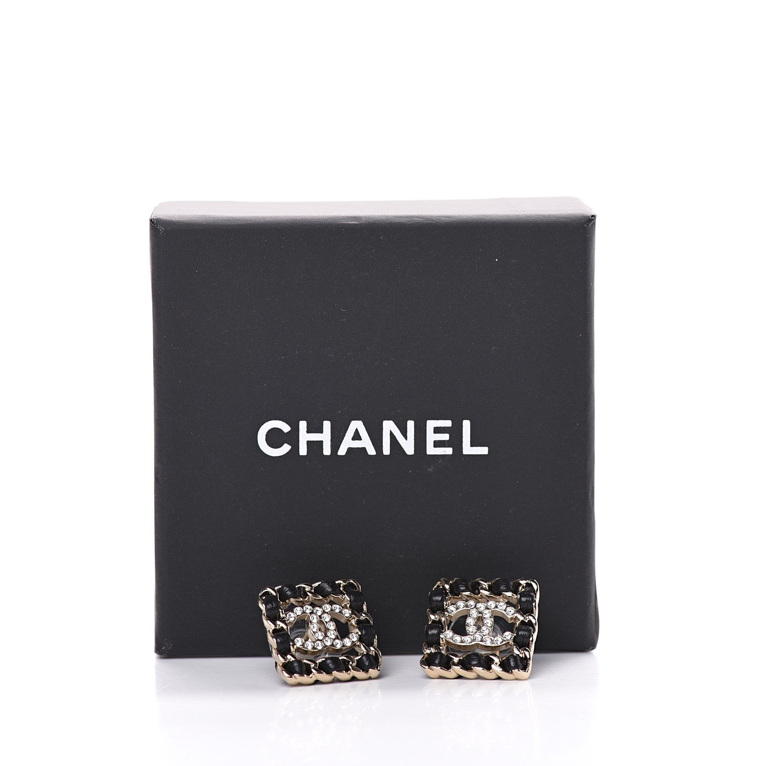 Chanel Crystal Lambskin Chain Sergeant Stud Earrings Black Gold 5 of 5