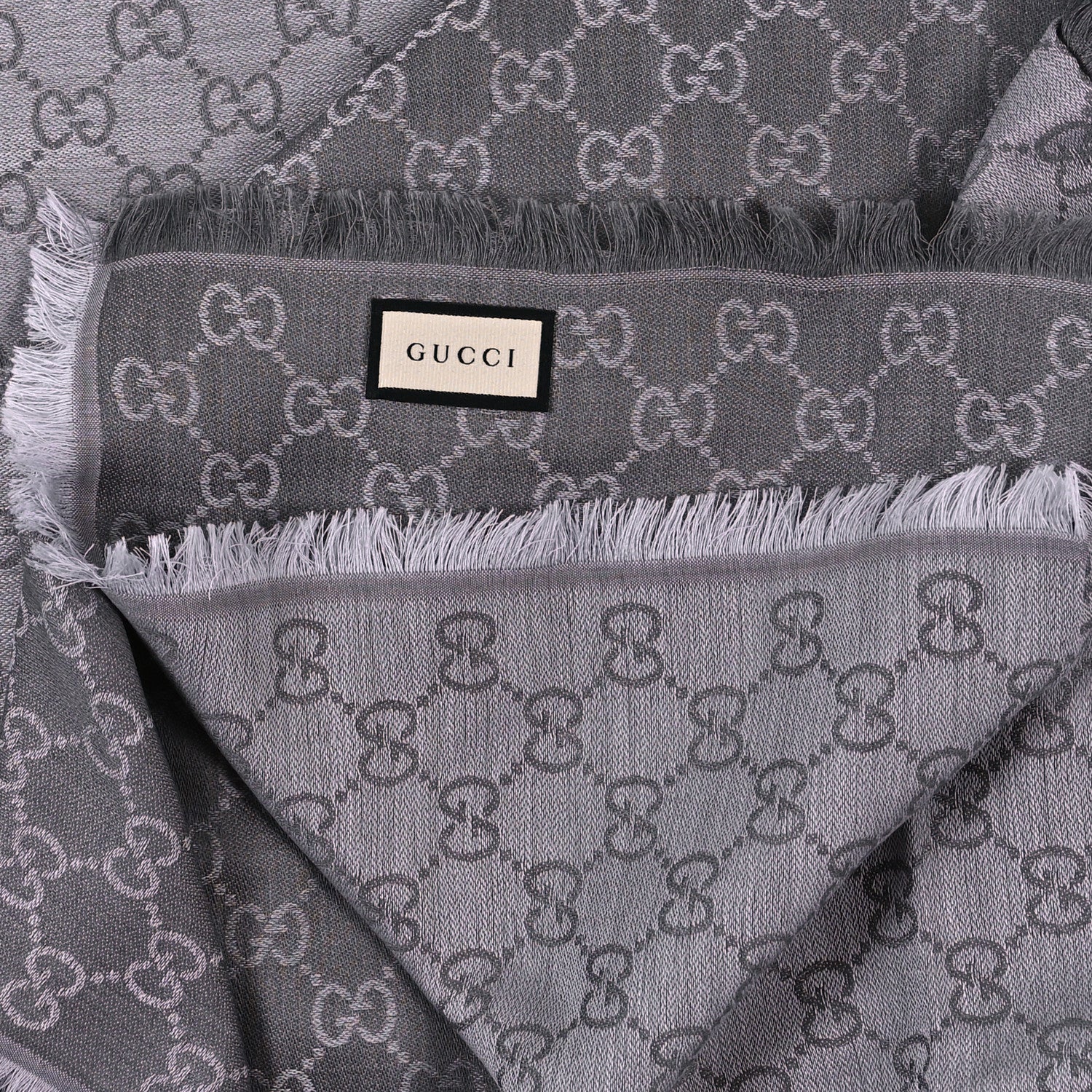 Gucci Wool Silk Monogram GGWeb Fringe Shawl Pearl Medium Grey 2 of 3