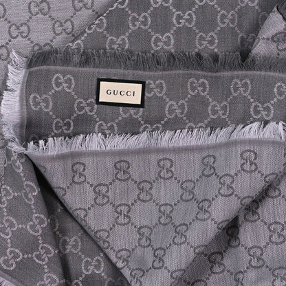 Gucci Wool Silk Monogram GGWeb Fringe Shawl Pearl Medium Grey 2 of 3