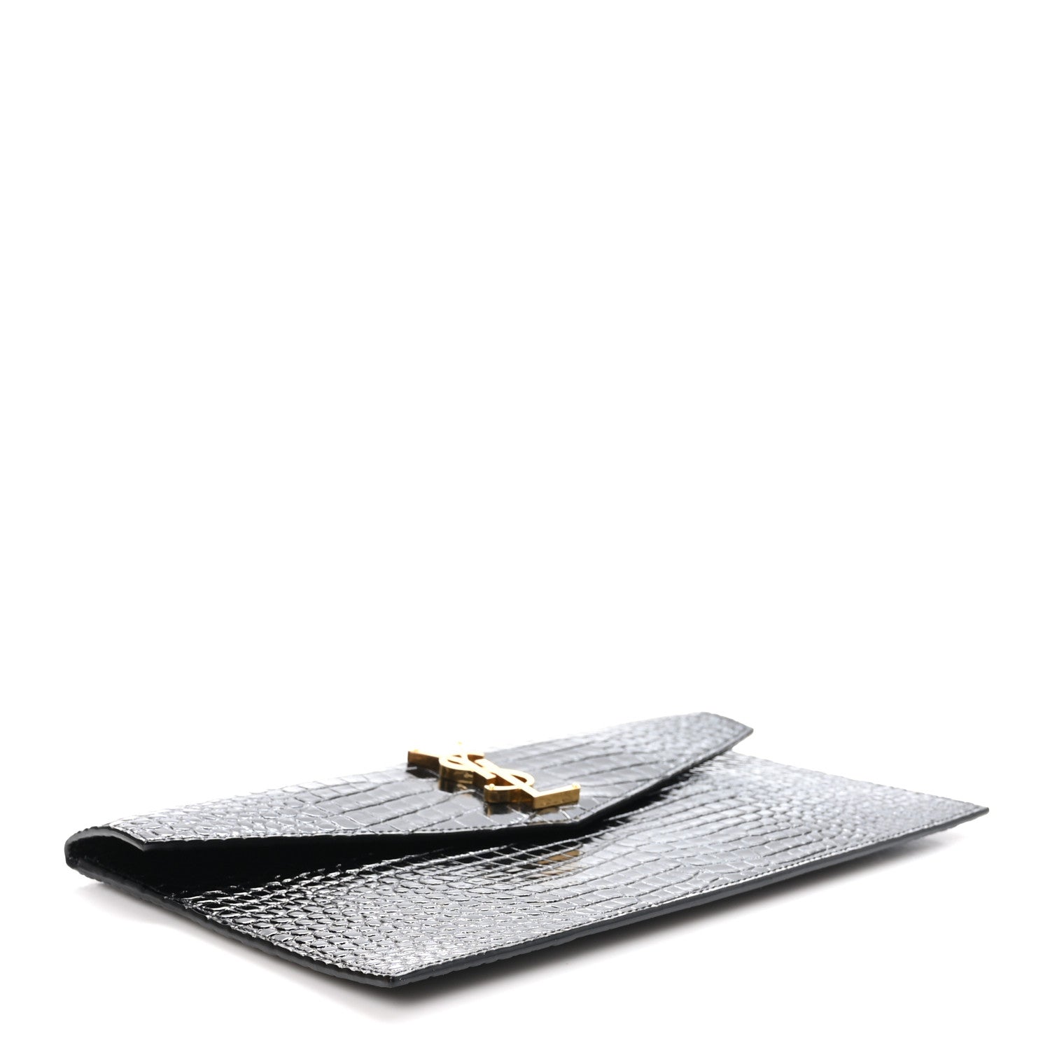 Saint Laurent Calfskin Crocodile Embossed Uptown Monogram Pouch Black 4 of 7