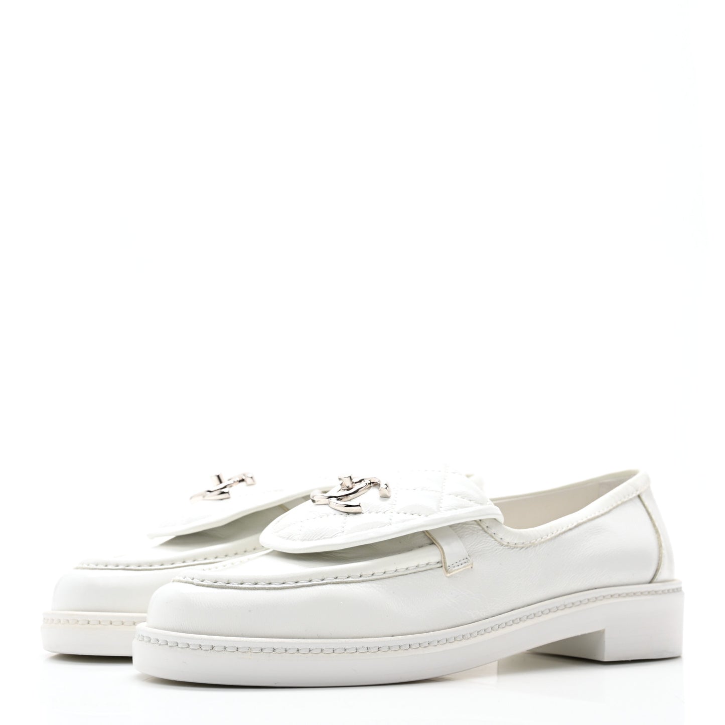 Shiny Lambskin Quilted CC Turnlock Loafers 37 White