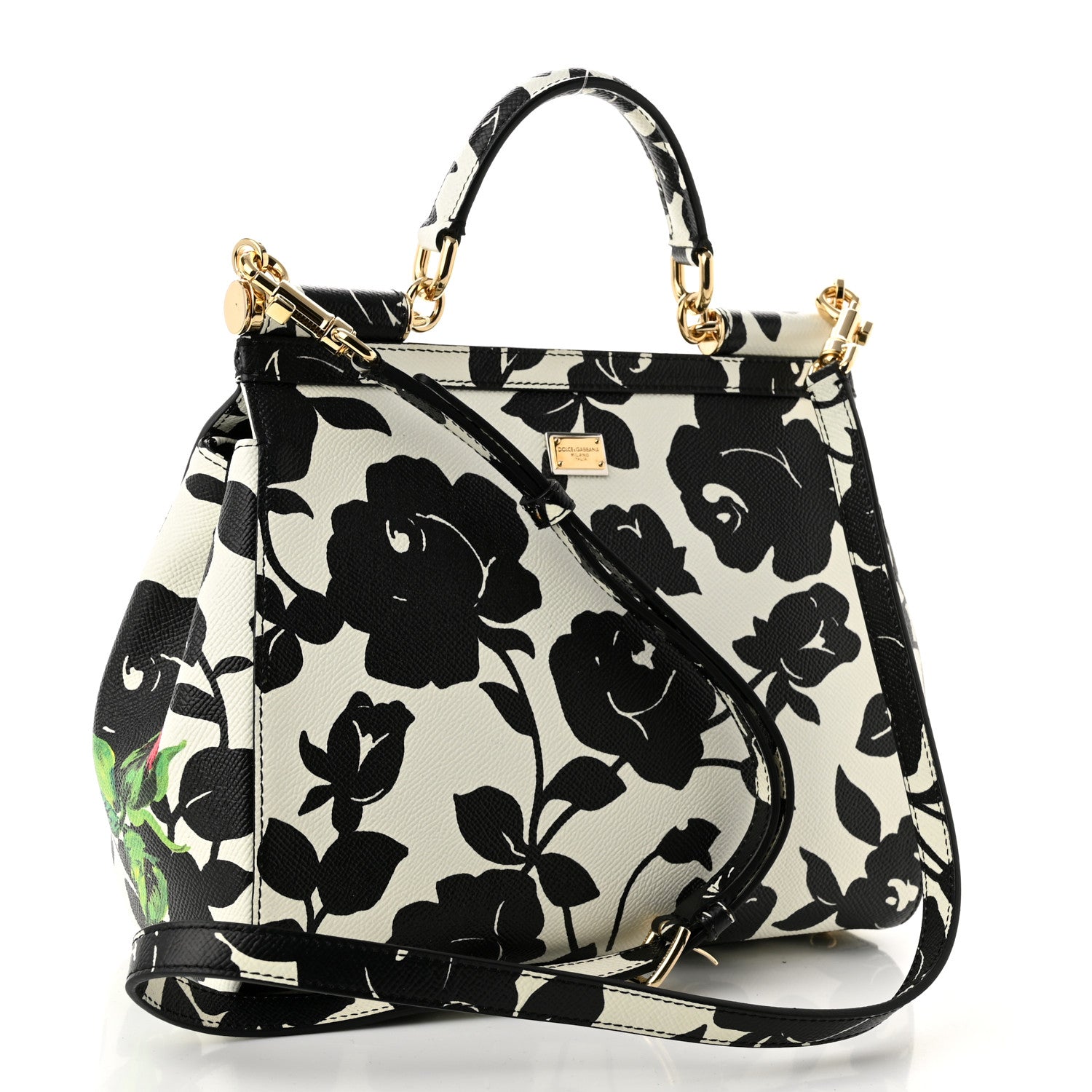 Dolce & Gabbana Dauphine Floral Print Medium Miss Sicily Satchel Black White 3 of 9