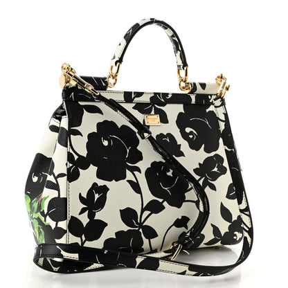 Dolce & Gabbana Dauphine Floral Print Medium Miss Sicily Satchel Black White 3 of 9