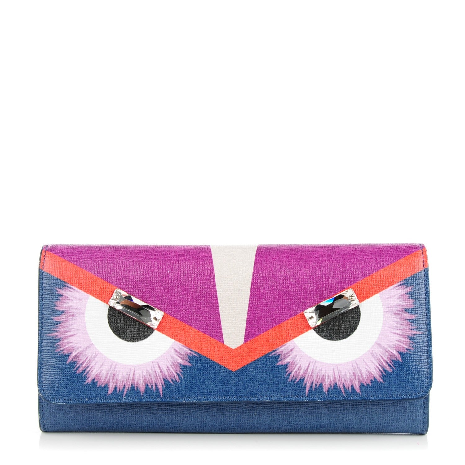 Fendi Vitello Elite Crystal Eye Monster Continental Wallet Cobalt Lavender Pink 1 of 8