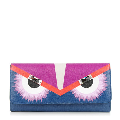 Fendi Vitello Elite Crystal Eye Monster Continental Wallet Cobalt Lavender Pink 1 of 8